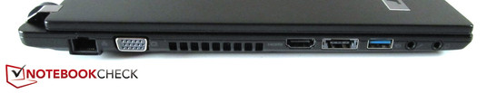 Left: RJ45 Gigabit LAN, VGA, HDMI, eSATA / USB 2.0, USB 3.0, microphone, headphone