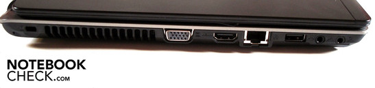 Left side: Kensington Lock, VGA port, HDMI port, RJ-45 LAN port, USB 2.0, 2x audio