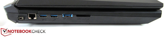 On the left: Mini FireWire, RJ-45 Gigabit Ethernet, 2x USB 3.0, eSATA / USB 3.0, 9-in-1 card reader.