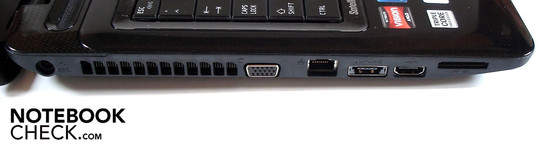 Left side: DC-in, VGA, RJ-45 FE-Lan, eSATA/USB 2.0, HDMI, card reader