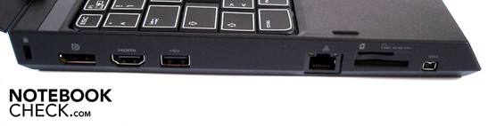 Left: Kensington lock, display port, HDMI, USB 2.0, Fast Ethernet LAN, cardreader, Firewire