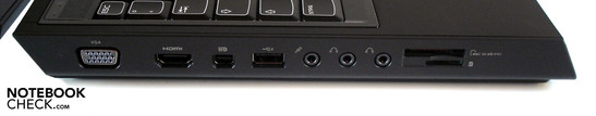 Left side: VGA, HDMI, (Mini-)DisplayPort, USB 2.0, 3x sound jacks, 9-in-1-cardreader, SIM card slot
