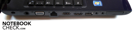 Left: Kensington Lock, DC-in, VGA, LAN, HDMI, eSATA/USB 2.0, USB 2.0, 2 audio sockets, 34mm ExpressCard