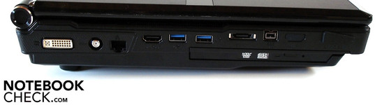 Left: DVI, antenna, RJ-45 Gigabit LAN, HDMI, 2 USB 3.0s, eSATA, Firewire, 9-in-1 cardreader