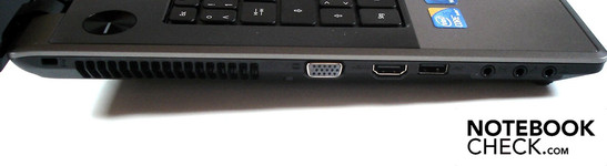 Left: Kensington Lock, VGA, HDMI, USB 2.0, 3x Sound