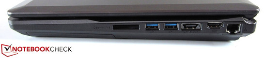 Right: Card reader, 2x USB 3.0, eSATA / USB 3.0, HDMI, RJ45 Gigabit LAN
