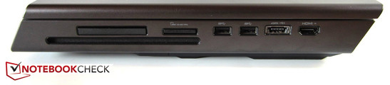 Right side: optical drive, ExpressCard (54 mm), 9-in-1-card reader, 2x USB 3.0, eSATA- / USB-2.0-Combo, HDMI-In