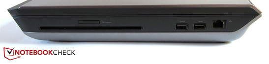 Right side: Slot-in drive, 9 in 1 card reader, 2x USB 3.0, RJ-45 Gigabit LAN