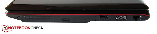 Right side: optical drive, USB 2.0, VGA, RJ-45 LAN
