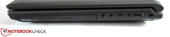 Right side: optical drive, 4x sound, USB 2.0, Kensington lock.