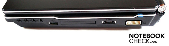 Right: 4x audio, USB 2.0, ExpressCard slot, eSATA, DVI