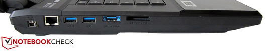 Left: Mini-FireWire, RJ-45 Gigabit LAN, 2x USB 3.0, eSATA / USB 3.0, 9-in-1 card reader