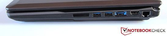 Right: 9in1 card reader, 2x USB 3.0, eSATA/USB 3.0, HDMI, RJ45 Gigabit LAN