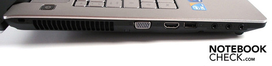 Left: Kensington Lock, VGA, HDMI, USB 2.0, 3x sound