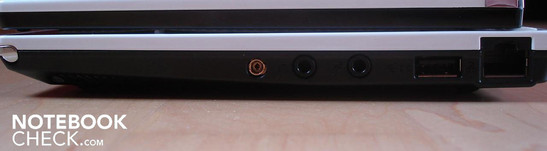 Right: antenna, audio ports (headphones, microphone), USB 2.0, RJ-45 LAN
