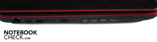 Left: RJ-45 gigabit LAN, eSATA/USB 2.0 combo, USB 2.0, HDMI, Firewire, ExpressCard, BluRay burner