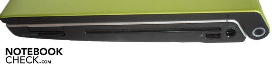 Right: 34mm ExpressCard, cardreader, slot-in DVD burner, USB 2.0, DC-in
