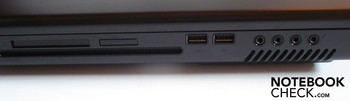 Right: 54mm Expresscard, 8-in-1 cardreader, DVD burner, 2x USB 2.0, 4x sound