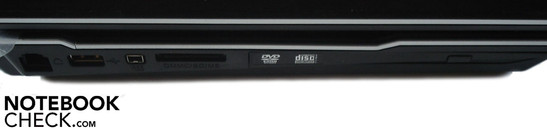 Left: RJ-11 modem, USB 2.0, Firewire, 7-in-1 cardreader, DVD burner