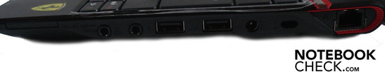 Right: 5-in-1 card reader, 2x audio, 2x USB-2.0, DC-in, Kensington security slot, RJ-45 LAN
