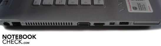 Left: DC-in, RJ-45 Gigabit LAN, VGA, HDMI, Firewire, USB 2.0, ExpressCard 34mm