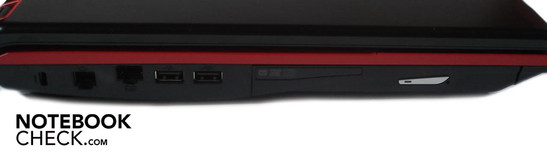 Left: Kensington lock, RJ-11 modem, RJ-45 LAN, 2x USB 2.0, DVD burner