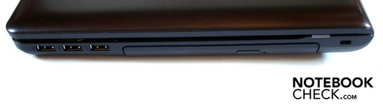 Right: 3x USB 2.0, optical drive (DVD burner), Kensington lock