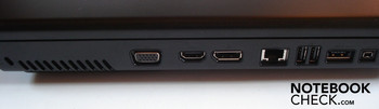 Left: Kensington lock, VGA, HDMI, display port, RJ-45 gigabit LAN, 2x USB 2.0, eSATA/USB 2.0 combo, Firewire