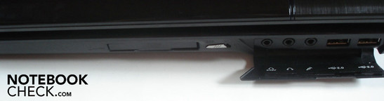 Right: 54mm ExpressCard, WLAN/Bluetooth slider, 3x audio, 2x USB 2.0