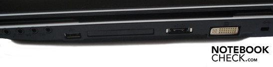 Right: 4x audio, USB 2.0, 54mm ExpressCard, eSATA, DVI, Kensington lock