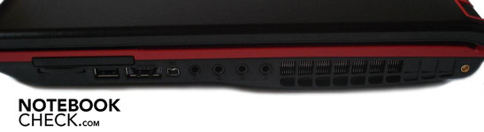 Right: ExpressCard, 4-in-1 cardreader, USB 2.0, eSATA/USB 2.0 combo, Firewire, 4x audio, antenna