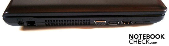 Left: DC-in, RJ45 gigabit LAN, VGA, HDMI, eSATA/USB 2.0 combo, 34mm ExpressCard