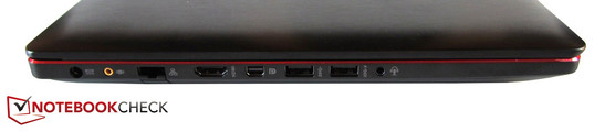 Left: DC-in, subwoofer port, RJ45 LAN, HDMI, MiniDisplay port, 2x USB 3.0, audio