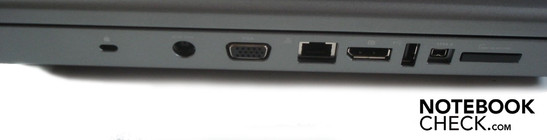 Left: Kensington lock, DC-in, VGA, RJ-45, Gigabit LAN, display port, USB 2.0, Firewire, 8-in-1 cardreader