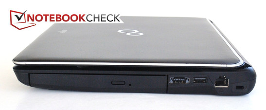 Right: DVD drive, eSATA/USB 2.0 combo, USB 2.0, Ethernet, Kensington Lock