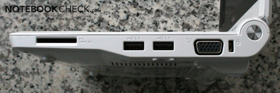 Right Side: Kensington Lock, VGA, 2x USB, SD/MMC Card Reader