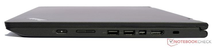 Right: power button, volume control, 2x USB 3.0, mini-DisplayPort, HDMI, Kensington lock slot