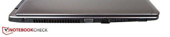 Left side: AC power, VGA, RJ45-LAN, eSATA/USB 3.0, HDMI, USB 3.0