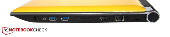 right side: 2x sound, 2x USB 3.0, card reader, HDMI, RJ45 LAN, Kensington lock