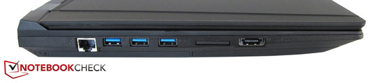 Left side: RJ45-LAN, 3x USB 3.0, card reader, eSATA/USB 3.0