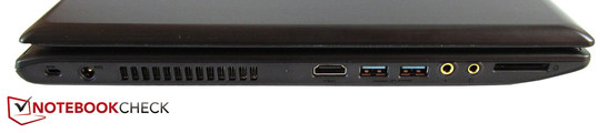 Left: Kensington lock, AC-in, HDMI, 2x USB 3.0, 2 audio jacks, card reader