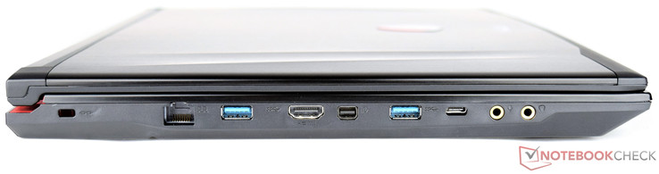 Left side: Kensington Lock, RJ45-LAN, USB 3.0, HDMI, Mini-DisplayPort, USB 3.0, USB 3.1 Type-C Gen2, 2x 3.5 mm jack