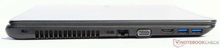 left: Kensington lock, fan grille, USB Type-C, Gbit-Ethernet, VGA, HDMI, 2x USB 3.0