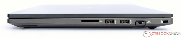 Right side: SD-card reader, 2x USB 3.0, Gigabit-Ethernet, slot for a Kensington lock