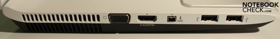 Left: VGA, HDMI, Firewire, 2x USB 2.0