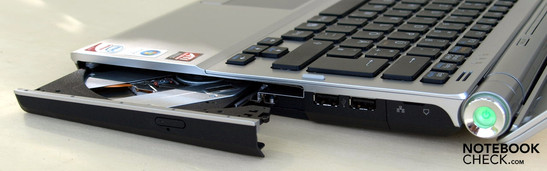 Right side: optical drive, 2x USB-2.0, LAN, modem