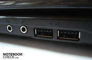 Sound connections (microphone input, headphone output) and two USB 2.0 ports on the right side