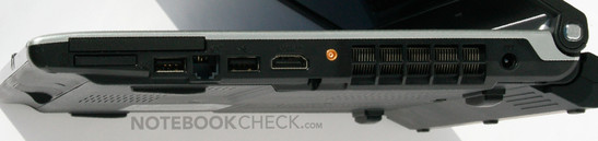 Right: ExpressCard 54mm, Cardreader (SD/SDHC/MMC/MS (Pro)), USB, Modem, USB, HDMI, Unused DVB-T antenna connection, Power