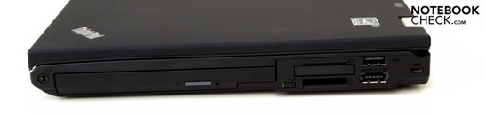 Right: Audio combo socket, optical drive, ExpressCard34, 4in1 cardreader, USB 2.0, USB/eSATA combo port, Kensington Security slot