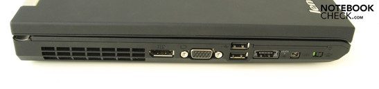 Left: Fan, display port, VGA, two USBs, USB/eSATA combo, FireWire, WiFi main switch